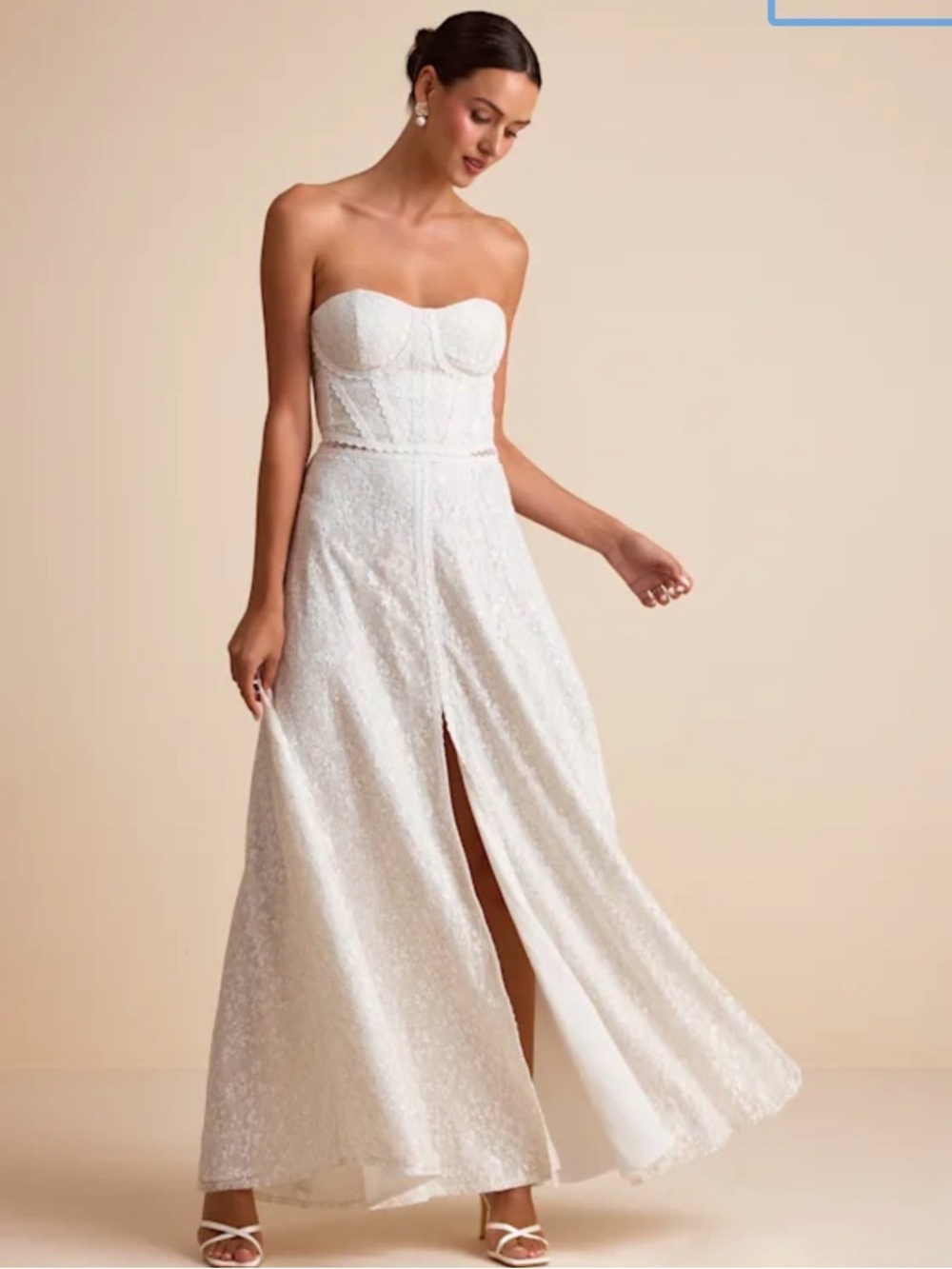 Lulu's Strapless White Lace Maxi Dress with Front Slit